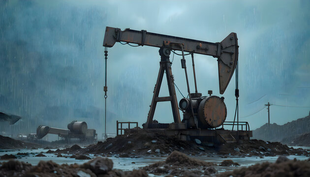 Industrial steel oil pump jack working and pumping fuel energy in the middle of a wide open grassy field