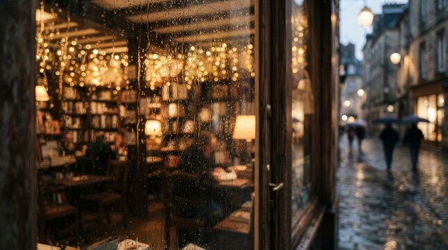 Rainy night view through window into a cozy bookstore