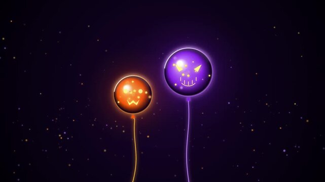 Glowing Halloween balloons with spooky faces, neon orange and purple party decorations