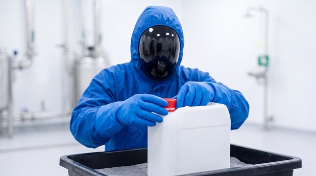 Person in blue protective suit opening a white plastic container inside a clean industrial laboratory with shield handles white worker wearing full black face shield full body manufacturing