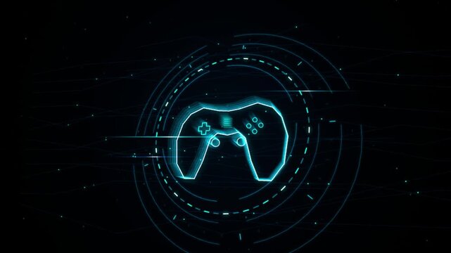 Futuristic gaming controller HUD icon, neon blue gamepad interface, esports background