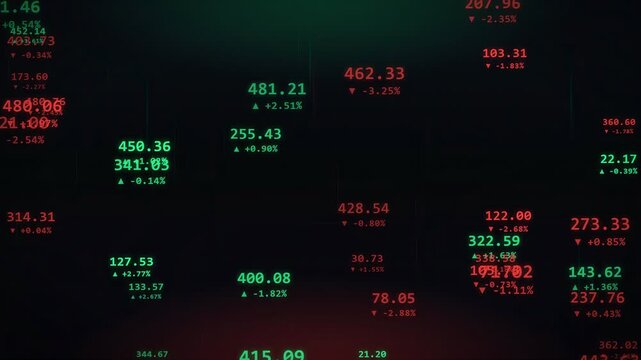Abstract Digital Stock Market Data Display with Fluctuating Financial Numbers on Black Background