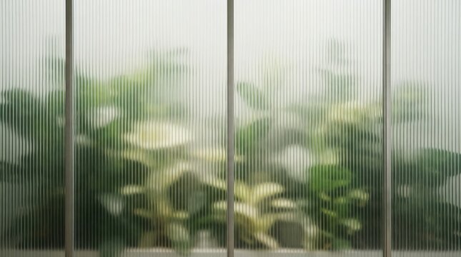 Fluted glass with blurred green plants behind it