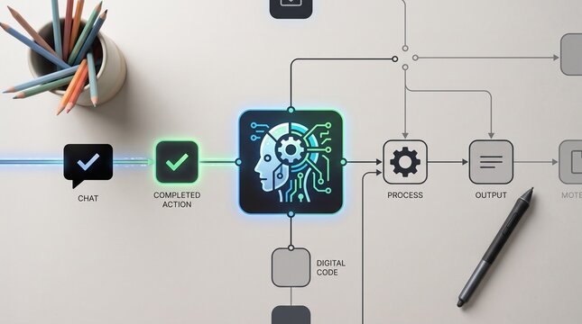 Overhead flat lay view of a completed fiktif automated chatbot process workflow flow chart with icons