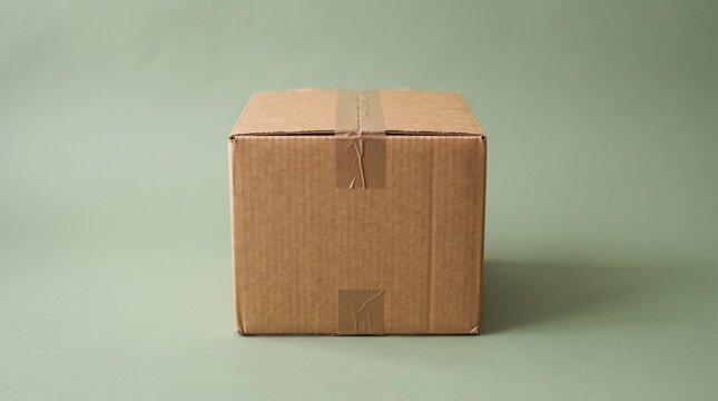 Sealed corrugated cardboard parcel box with packing tape standing on light olive green surface