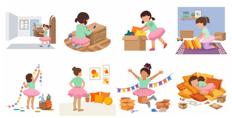 Fototapeta premium Little girl moving into new bedroom vector illustration set, unpacking boxes and decorating room
