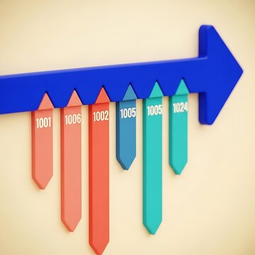 3d rendering of a timeline arrow chart with numbered vertical bars