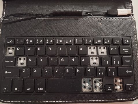 Close up of a dirty and broken mini computer keyboard with missing keys