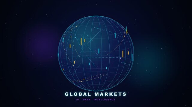Digital Holographic Globe with Floating Data Points and Financial Market Analysis Graphics on Dark Background