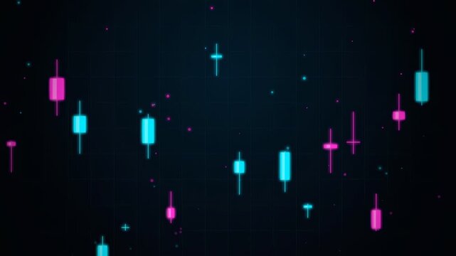 Abstract Digital Stock Market Candlestick Chart with Glowing Blue and Pink Data Points on Dark Background