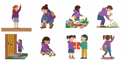 Fototapeta premium Set of flat vector illustrations featuring a little girl engaged in various daily activities like playing, walking, tying shoes, and picking flowers.