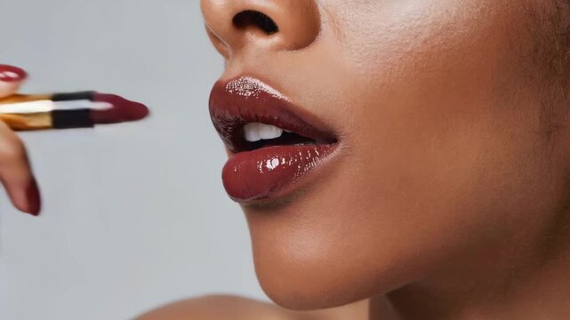 Close-up video of a dark red lipstick being applied to the lips of an African American woman, emphasizing the texture and shine of the lip color. Video made using Generative AI.