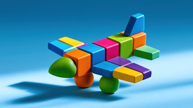 A vibrant toy airplane constructed from colorful geometric blocks against a blue background
