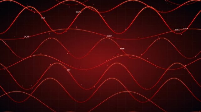 Abstract Red Digital Sine Waves Moving Across a Dark Grid Background for Technology Concepts