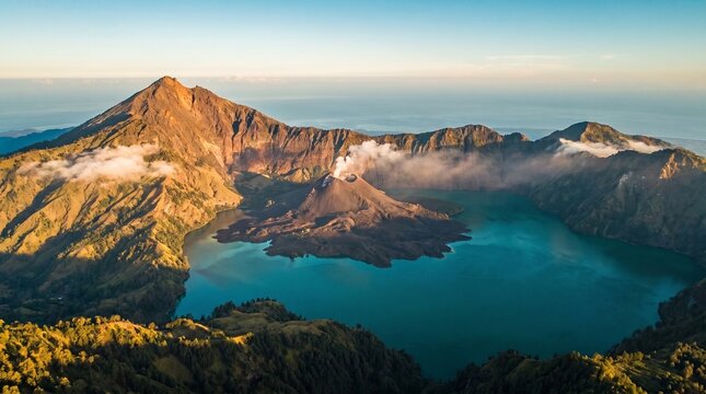 Breathtaking aerial view of a colossal volcanic caldera with an active inner peak and glowing blue lake in an ancient fantasy realm