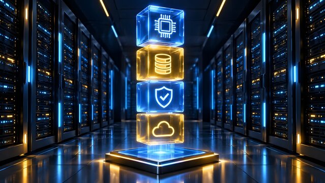 Glowing digital cubes displaying cloud and security icons stacked in server room representing data center infrastructure
