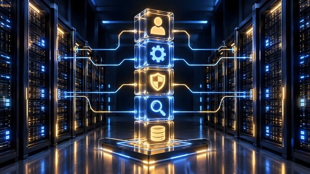 Glowing digital cubes connecting to server racks with circuit lines representing secure data center infrastructure
