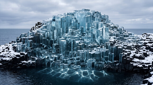Hyper realistic photography of a massive glacier structure made entirely of mathematically perfect hexagonal transparent icy blue glass pillars representing massive cold storage archive systems