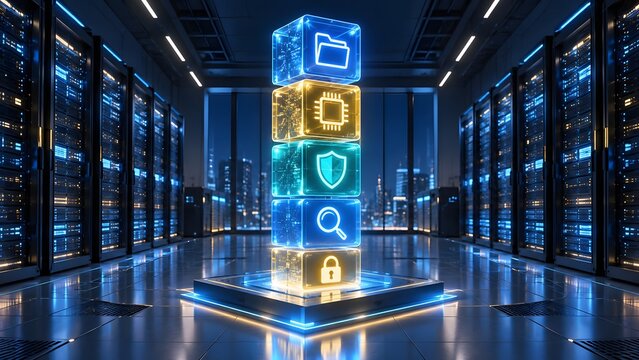 Glowing digital cubes with security icons stacked in modern server room overlooking night city skyline