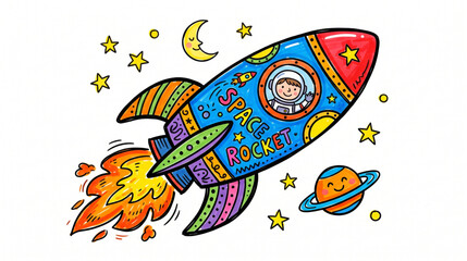 Colorful hand drawn space rocket cartoon flying with planets and stars vector © Elinda