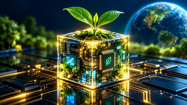 Glowing glass circuit cube holding green plant sprout representing sustainable technology and eco-friendly digital infrastructure