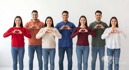 Obraz premium Diverse group of young people standing together and making heart shapes with their hands