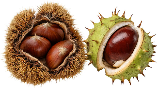 Edible chestnut and horse chestnut in spiny husks