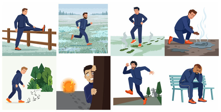 Set of vector illustrations of a male runner encountering mysterious steaming footprints and paranormal events during his morning jog.