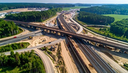 Obraz premium Aerial View of Highway Construction Site Amidst Green Landscape.
