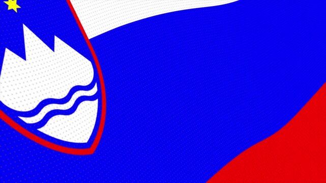 Flag of Slovenia waving slowly in the foreground and moving upwards.