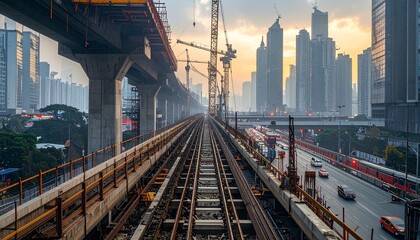 Fototapeta premium Urban Infrastructure Development - Railway Tracks and City Skyline.