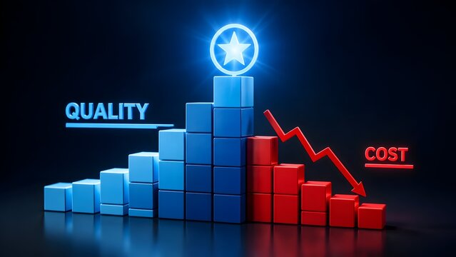 3D bar chart made of blocks showing blue quality increasing and red cost decreasing with glowing star icon