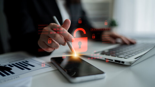 Digital security concept illustrating a cybersecurity breach, with a red unlocked padlock indicating data exposure among secure systems, emphasizing system vulnerability and risk Latch