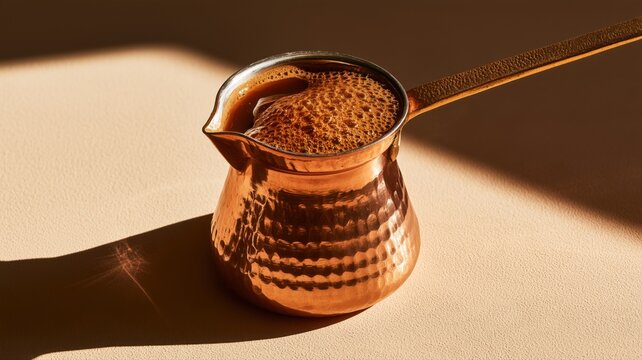 銅製のコーヒーポットに注がれた泡立つコーヒー。朝のカフェタイムやコーヒー関連の広告素材に最適なイメージ