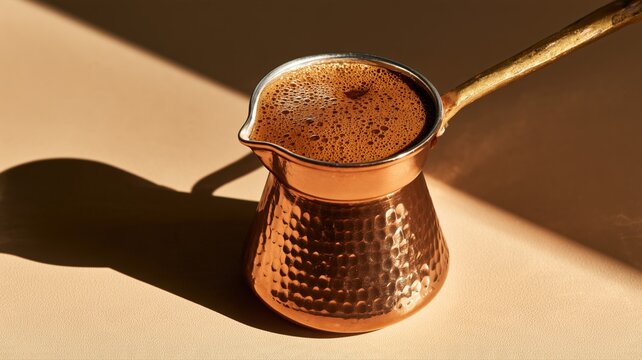 銅製のイブリックに入った泡立つトルココーヒー。伝統的なコーヒー文化やカフェシーンの素材