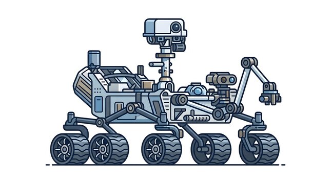 Flat vector illustration of a robotic space exploration rover for planetary research missions, featuring scientific sensors and multi-wheel drive, isolated on a white background.
