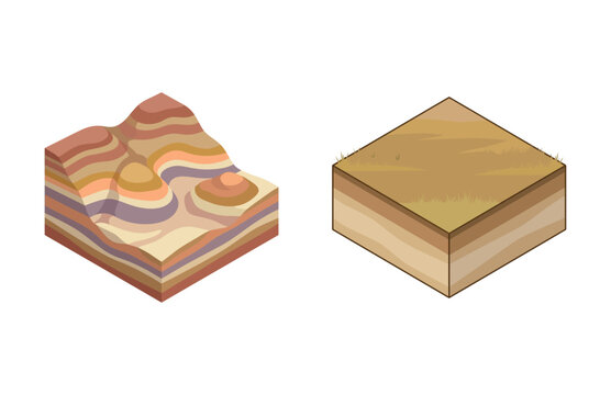 Isometric Geological Cross Section Blocks of Earth Layers and Desert Landscape