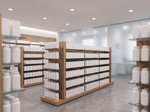Pharmacy shelves filled with plain unlabelled boxes and bottles