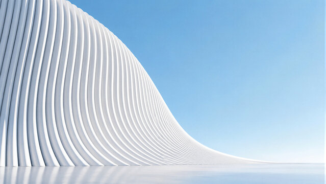 Abstract white curved architectural structure with vertical lines against a clear blue sky and reflective surface