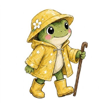 Cute whimsical frog character wearing a yellow raincoat with stars, matching rain hat and boots, holding a wooden walking stick, charming hand-drawn sketch illustration for children and nursery.