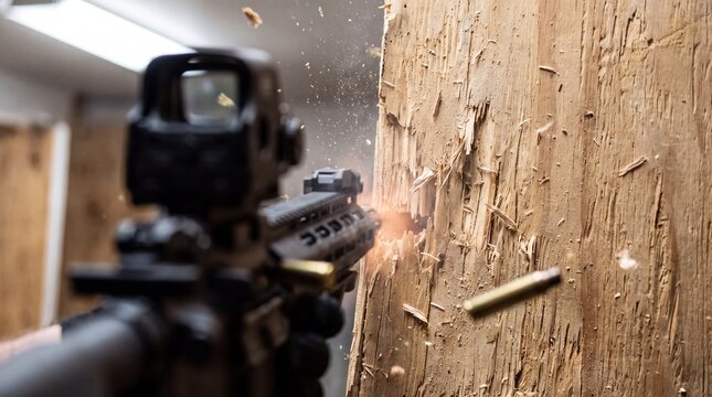 Bullet Impact: Rifle Fires Through Wooden Wall, Creating Splinters and Debris in Dramatic High-Speed Action Shot
