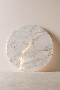 Ai generated round white marble stone plate with glowing golden veins circular luxurious interior