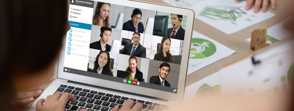 Business people on video conference for brisk virtual group meeting of corprate business office workers