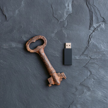 Ai generated old metal key and modern usb flash drive comparison with flashdrive, technology