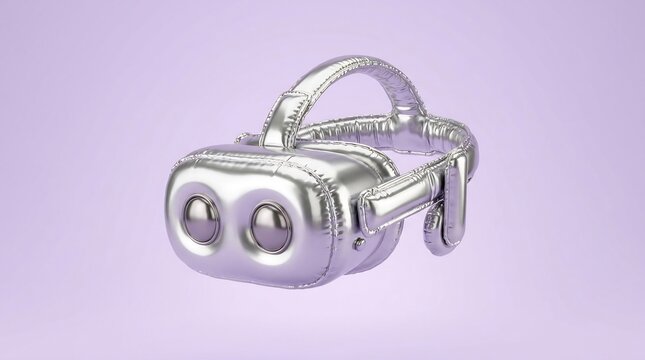 Silver inflatable VR headset floating on purple background, futuristic balloon virtual reality goggles, playful metaverse concept, 3D render tech accessory, fun gaming gear.