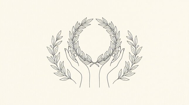 Minimalist line art illustration of hands holding an olive branch wreath, symbolic peace and victory graphic, organic botanical design, elegant wellness and skincare logo element.