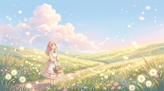 Pink haired anime girl holding a flower basket in a whimsical dandelion meadow, glowing fantasy landscape, peaceful spring afternoon, dreamlike pastel illustration, innocent joy.