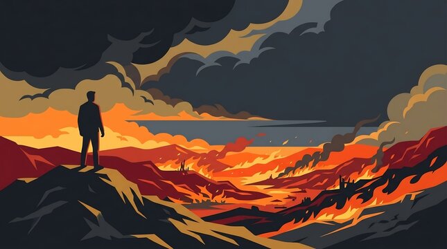 Silhouette of man standing on cliff edge overlooking burning valley, dramatic wildfire landscape with thick smoke clouds, climate change disaster vector illustration.