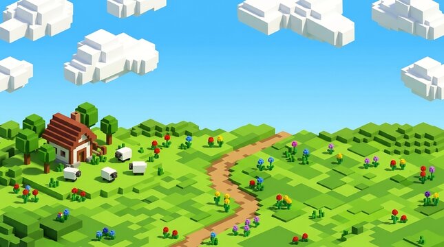 Isometric voxel art farm landscape with a small cottage, blocky sheep, winding path, and colorful flowers in a vibrant 3D pixel world under a clear blue sky.