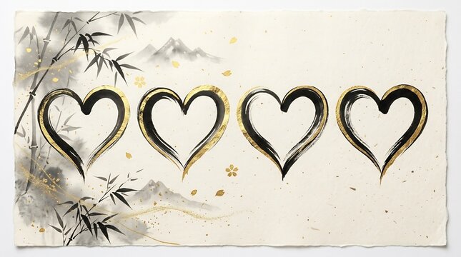 Zen brush painted hearts with gold foil accents on washi paper, Japanese sumi-e style bamboo and mountain landscape, elegant romantic calligraphy for luxury wellness and love.